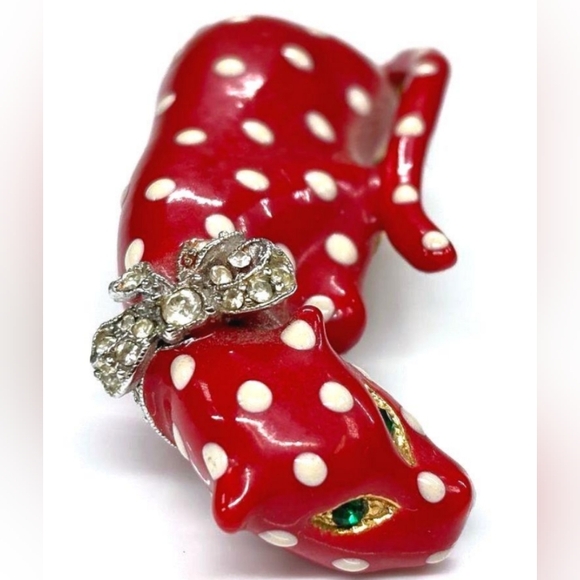 Kenneth Lane Enamel Crystal 1980's Red/White Polka Dot Leopard Signed VTG Brooch - Picture 6 of 16